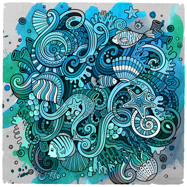 Cartoon handgetekende doodles onderwaterleven illustratie - Foto, afbeelding