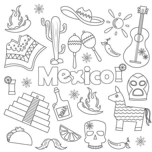 Illustration with a set of icons  on the theme of travel in Mexico,simple dark hand drawn icons on white background - Vektori, kuva