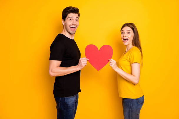 Photo of brunet haired cheerful positive cute sweet pretty beautiful couple wearing black t-shirt jeans denim holding red big heart expressing emotions of love isolated vivid color background - Фото, зображення