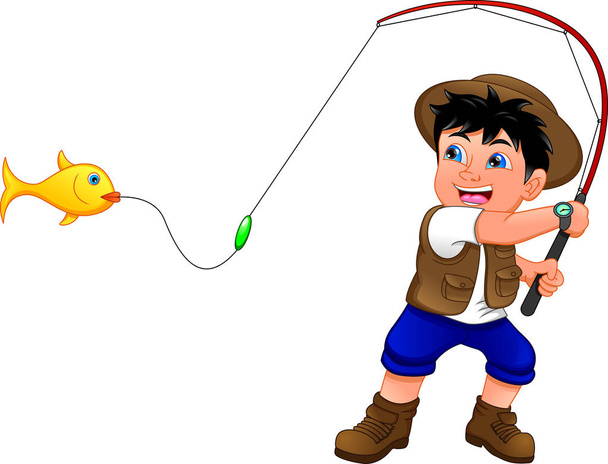 Mały chłopiec łowiący ryby na białym tle - Wektor, obraz