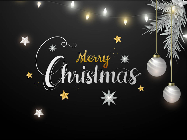 Calligraphy Merry Christmas text decorated with stars, hanging b - Vector, imagen