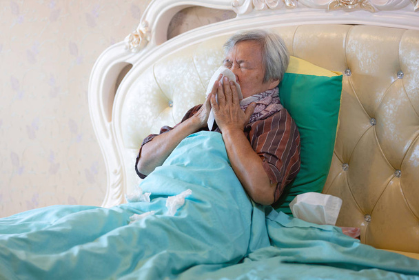 Хворі старші мають холодний ніс в паперовій хустині в спальні, грип або змінюється погода, азіатські літні чхання в тканинному папері, концепція алергічного риніту, пилова алергія та охорона здоров'я
 - Фото, зображення