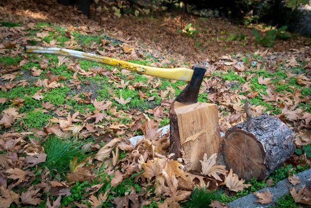 Τσεκούρι με κοφτερή λεπίδα για κοπή ξύλου για τζάκι για θέρμανση d - Φωτογραφία, εικόνα