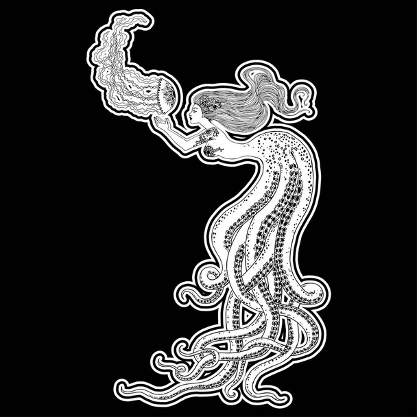 Beautiful mermaid with human skull in her hands hand drawn illustration. Sea, fantasy, spirituality, mythology, tattoo art, coloring books. Isolated vector illustration. - Фото, изображение