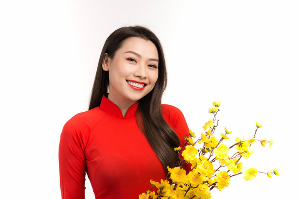 Mujer de belleza en vestido tradicional vietnamita ao dai, flor de albaricoque en Lunar Año nuevo
. - Foto, Imagen