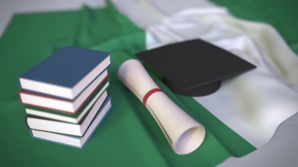 Boné de formatura, livros e diploma na bandeira nigeriana. Educação superior na Nigéria relacionado animação 3D conceitual
 - Filmagem, Vídeo