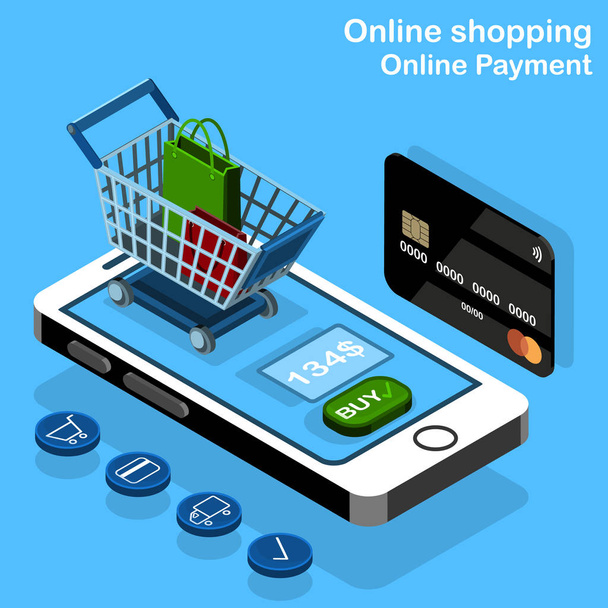 Isometrisches Konzept für Online-Shopping. Einkaufswagen mit Taschen im Einkaufswagen, der auf einem großen Handy steht . - Vektor, Bild