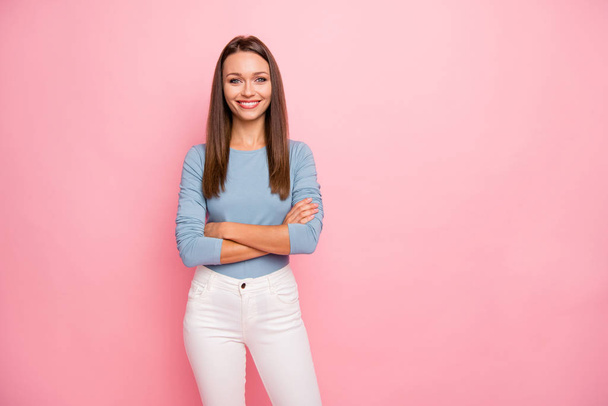 Photo of cheerful positive cute pretty sweet girlfriend with arms crossed standing confidently smiling toothily looking at you isolated pastel color background - Photo, image