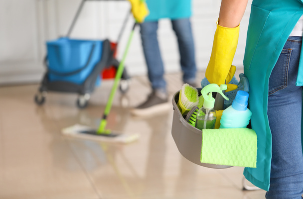 Уборщица с чистящими средствами на кухне
 - Фото, изображение
