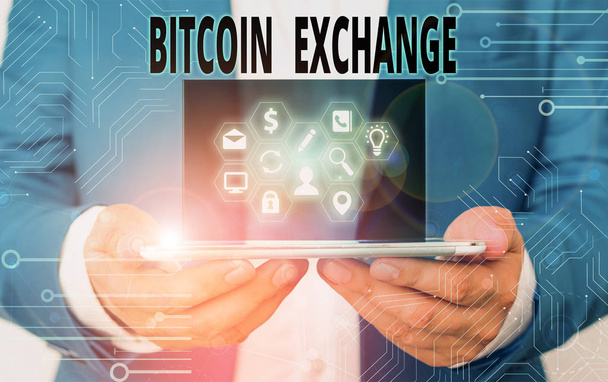 Κείμενο εγγραφής κειμένου Bitcoin Exchange. Επιχειρηματική έννοια για την ψηφιακή αγορά, όπου οι έμποροι μπορούν να αγοράζουν και να πωλούν bitcoins. - Φωτογραφία, εικόνα