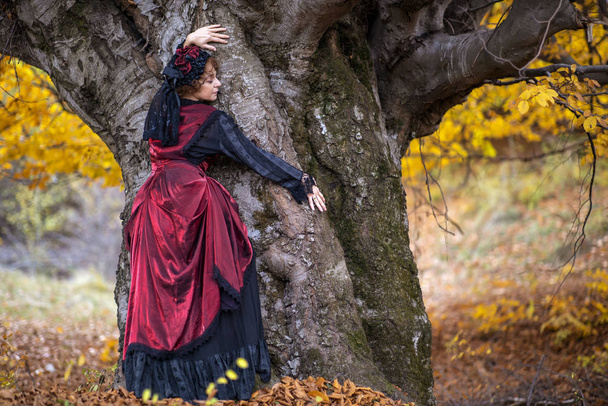 Portrait of a mature lady in a vintage dress, autumn time. - Fotoğraf, Görsel
