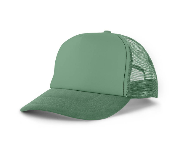 Side View Realistic Cap Mock Up In Trujące Kolor Hemlock jest wysokiej rozdzielczości kapelusz makieta, aby pomóc zaprezentować swoje projekty lub logo marki pięknie. - Zdjęcie, obraz