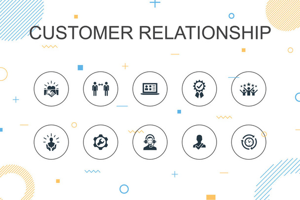 Инфографический шаблон отношений с клиентами. Тонкая линия дизайна с коммуникацией, сервис, CRM, иконки обслуживания клиентов
 - Вектор,изображение