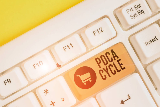 Conceptual hand writing showing Pdca Cycle. Business photo showcasing use to control and continue improve the processes and products White pc keyboard with note paper above the white background. - Photo, Image