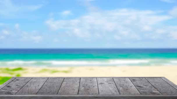 Table d'extérieur texture bois sur fond de plage mer, 4K UHD. Clip vidéo
. - Séquence, vidéo