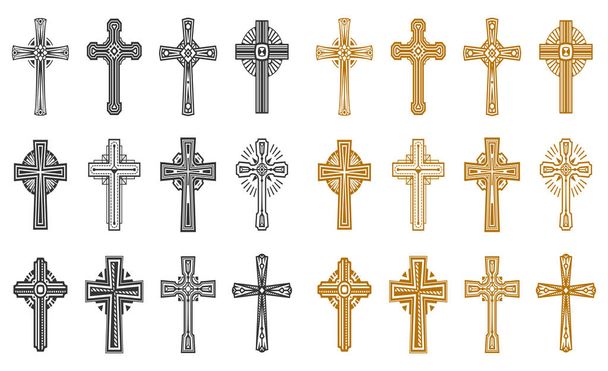 Set van geïsoleerde zwarte en gele religie kruis - Vector, afbeelding