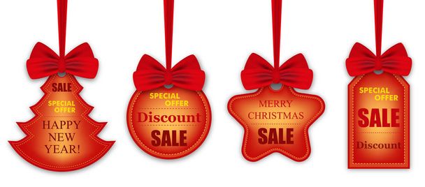 Set colorful stickers, labels for holiday sales Christmas and New Year hanging on ribbons with red bows isolated on white background. Shape of circle, Christmas tree, rectangle and star. - ベクター画像