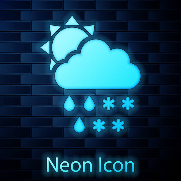 Glowing neon Cloud with snow and rain icon isolated on brick wall background. Weather icon.  Vector Illustration - Vector, Image
