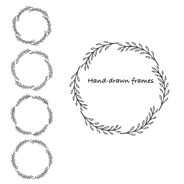 Kolekcja okrągłych liści ręcznie rysowane ramki & Wektor ilustracji - Wektor, obraz