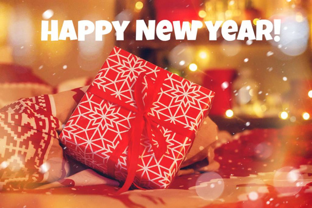 happy new year card. holiday. banner. picture with text. garland. lights bokeh background. - Photo, Image
