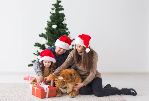 Haustier, Urlaub und Festkonzept - Familie mit Hund sitzt am Boden neben Weihnachtsbaum. - Foto, Bild