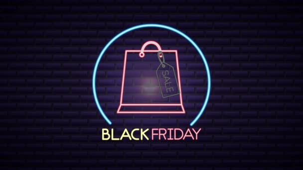black friday neon light label with shopping bag - Footage, Video
