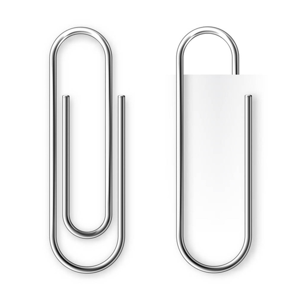 Realistic metal paper clip isolated on white background. Page holder, binder. Vector illustration. - Vector, Image