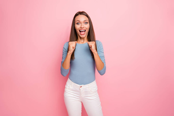 Photo of cute pretty girlfriend rejoicing in having achieved all the aims set expressing emotions of amazement on face feeling like champion isolated pastel pink color background - Fotografie, Obrázek