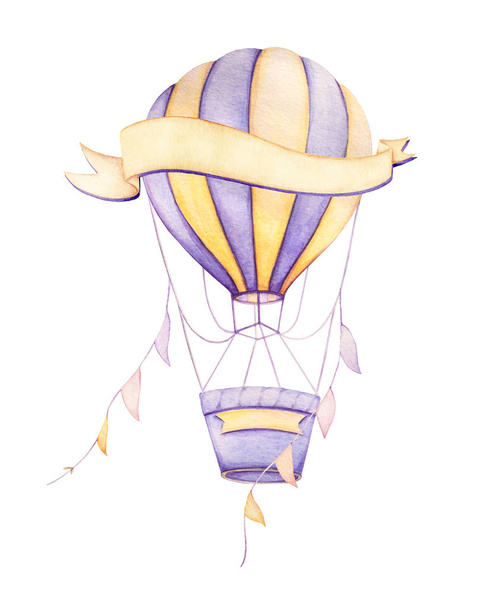 Colorful Air balloon flying with ribbons. Watercolor baby clipart. Kids prints. Newborn art gift. - 写真・画像