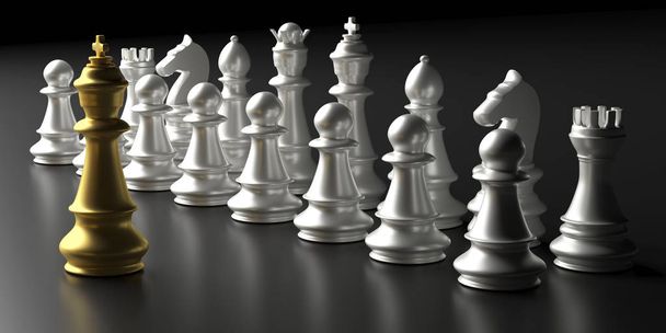 Sakkkirály arany és ezüst sakk fekete háttérben. 3d illusztráció - Fotó, kép