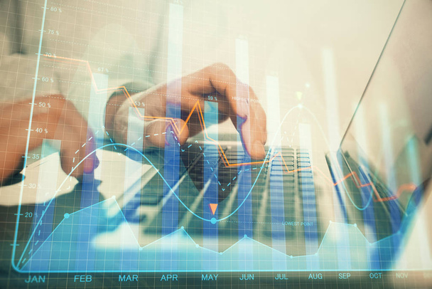 Double exposure of market chart with man working on computer on background. Concept of financial analysis. - Fotoğraf, Görsel