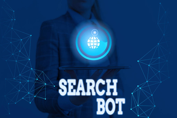 Nota de escrita mostrando Search Bot. Foto de negócios mostrando um programa que executa tarefas automatizadas pela Internet ou rede
. - Foto, Imagem