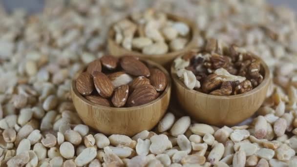 Set van verschillende rauwe noten in houten kommen - walnoot, amandelen, cashewnoten en pinda 's. Rotatievideo. - Video