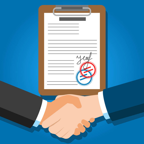 Businessman handshake on contract paper after agreement. Vector. - ベクター画像
