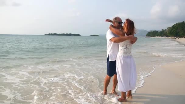 ハッピーシニア男性と女性カップルハギングオンビーチ - 映像、動画