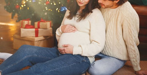 Pregnant woman in husband arms sitting by xmas tree - Foto, immagini