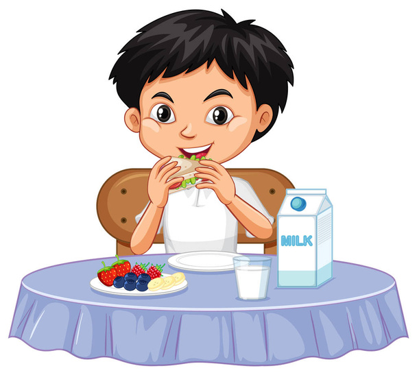 One happy boy eating on the table - Vector, Image
