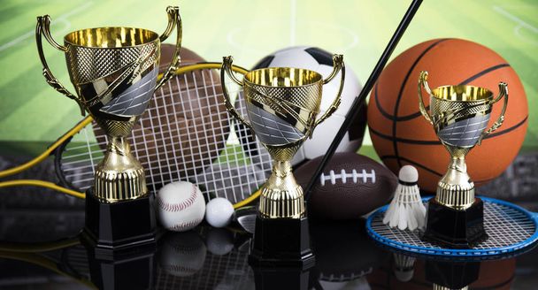 Trophy cup and sport ball background - Photo, Image