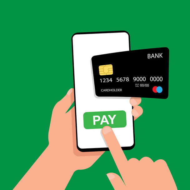 Een hand heeft een smartphone met een betaalknop en een creditcard. Betaal online met uw smartphone. Online winkelen. Eps 10 - Vector, afbeelding