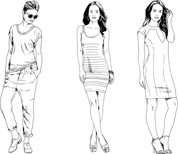vector tekeningen op het thema van mooie slanke sportieve meisje in casual kleding in verschillende poses geschilderde inkt hand schets zonder achtergrond - Vector, afbeelding