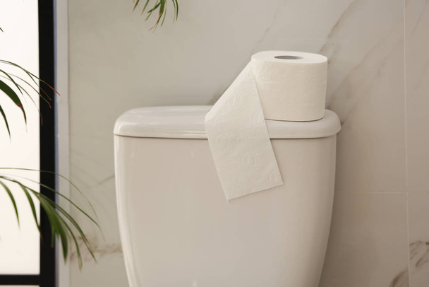 Modern toilet bowl with roll of paper in bathroom - Photo, image