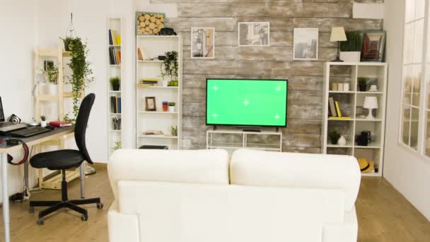 Большой зеленый экран телевизора в уютном современном жилом пространстве
 - Кадры, видео