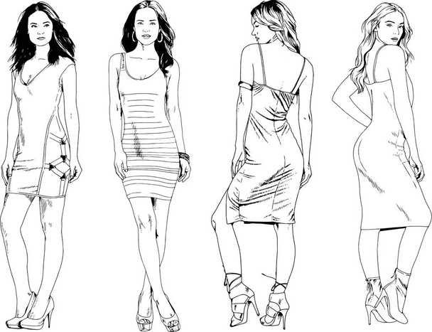 rysunki wektorowe na temat pięknej szczupłej sportowej dziewczyny w ubraniach casual w różnych pozach malowane szkic dłoni tusz bez tła - Wektor, obraz