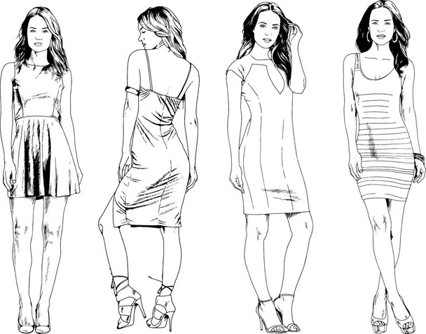 rysunki wektorowe na temat pięknej szczupłej sportowej dziewczyny w ubraniach casual w różnych pozach malowane szkic dłoni tusz bez tła - Wektor, obraz