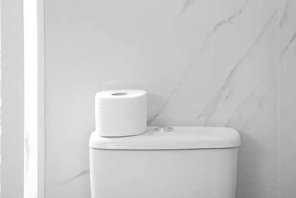 Paper roll on tank of toilet bowl in bathroom - Photo, image