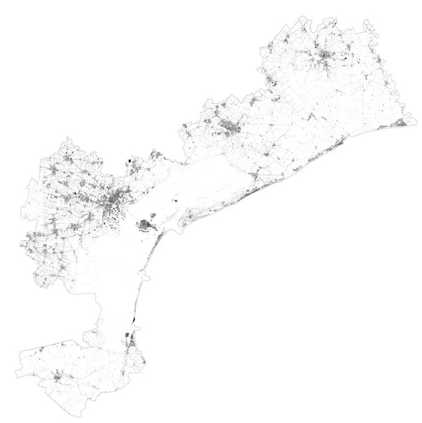ヴェネツィアとその周辺地域の衛星地図。イタリアのヴェネト州。州。地図道路、環状道路、高速道路、河川、鉄道線 - ベクター画像