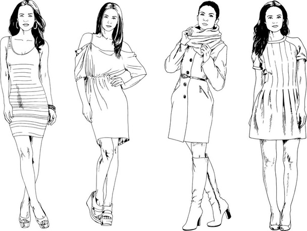 Vektor-Zeichnungen zum Thema schöne schlanke sportliche Mädchen in lässiger Kleidung in verschiedenen Posen gemalte Tusche Handskizze ohne Hintergrund - Vektor, Bild