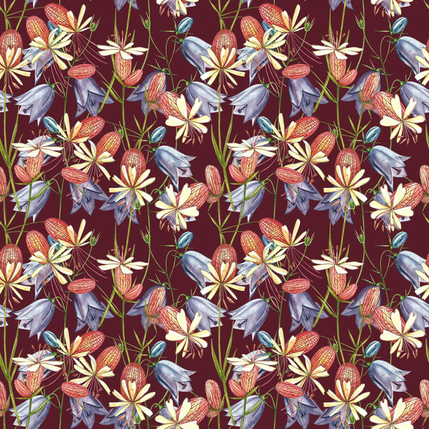 Blaas Campion en Klokken bloemen. Aquarel set van het tekenen van korenbloemen, bloemen elementen, met de hand getekend botanische illustratie. Naadloze patronen. - Foto, afbeelding