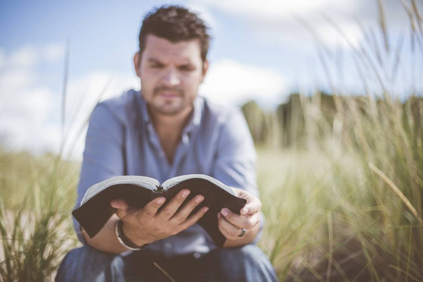 Person with a blue shirt sitting in a grassy field and reading the bible - Foto, Imagen