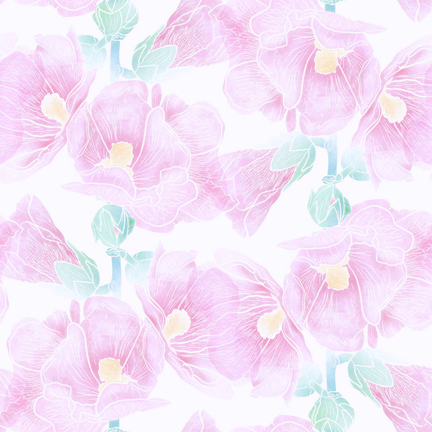 Seamless pattern with hollyhock flowers - Фото, изображение